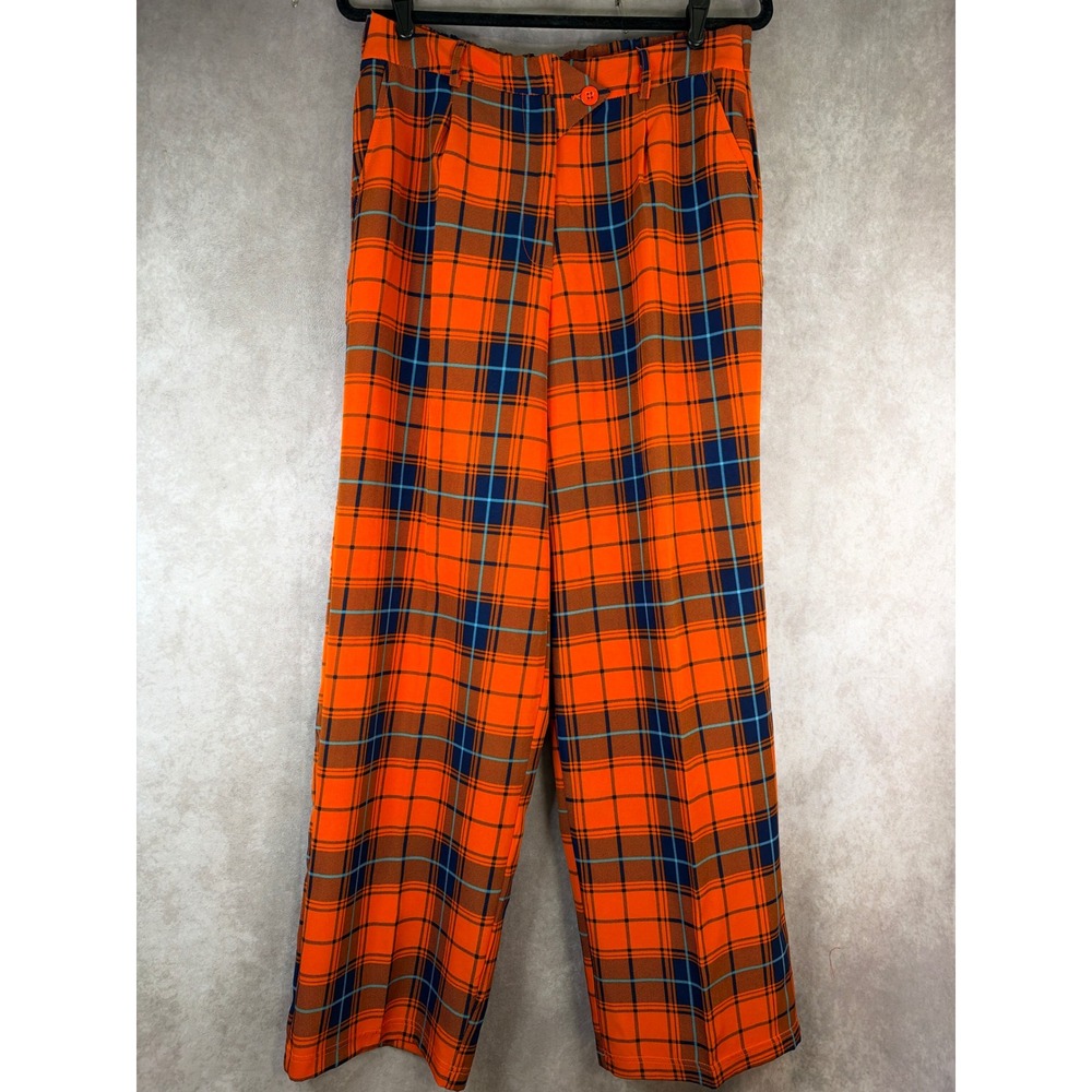 Like an Angel Plaid Trousers Women Large Orange Wide Leg High Rise Tartan Pants